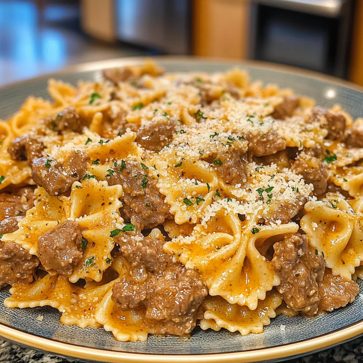 Ultimate Creamy Parmesan Garlic Beef Bowtie Pasta
