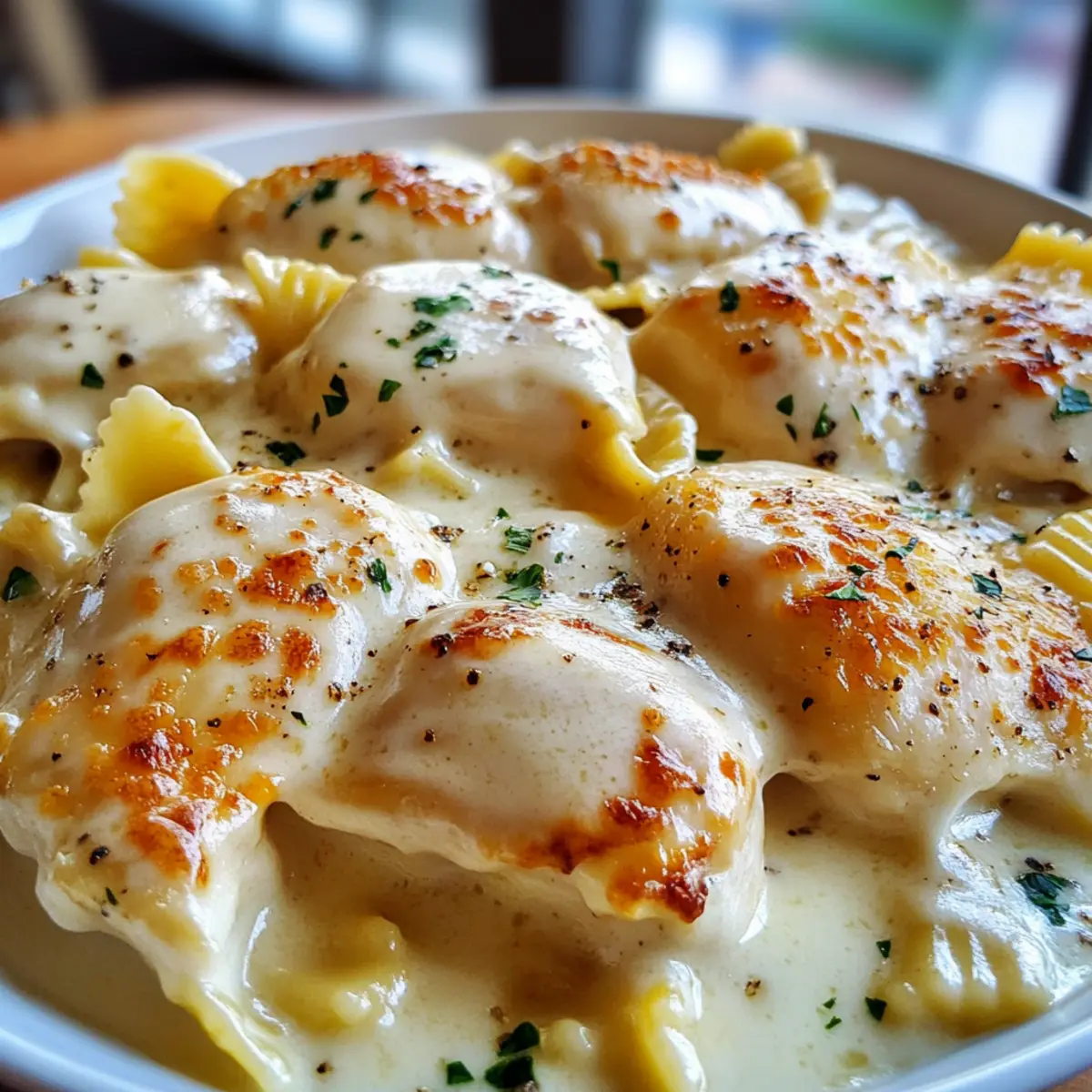 Savory Mozzarella Garlic Butter Chicken Bowties in Cheesy Cream