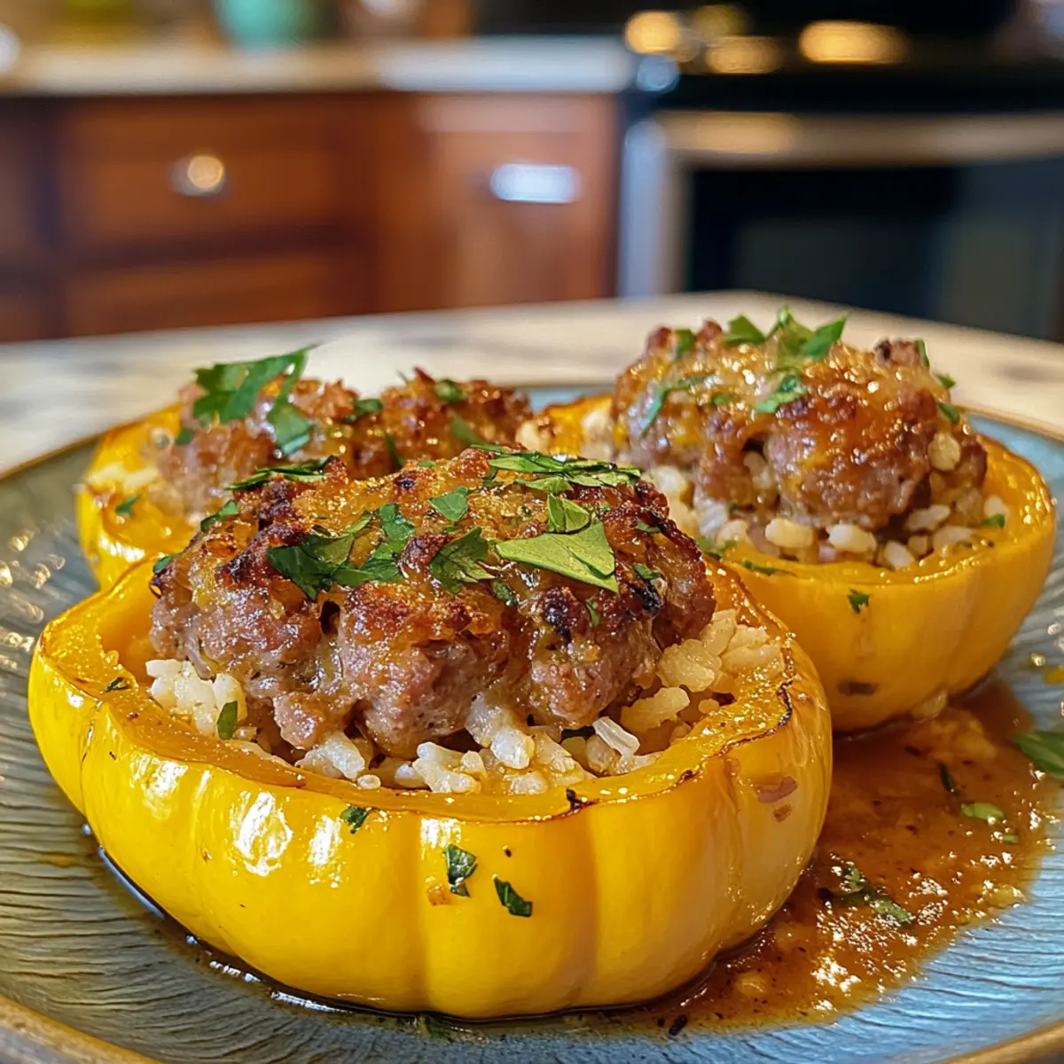 Savory Stuffed Patty Pan Squash with Sausage and Rice