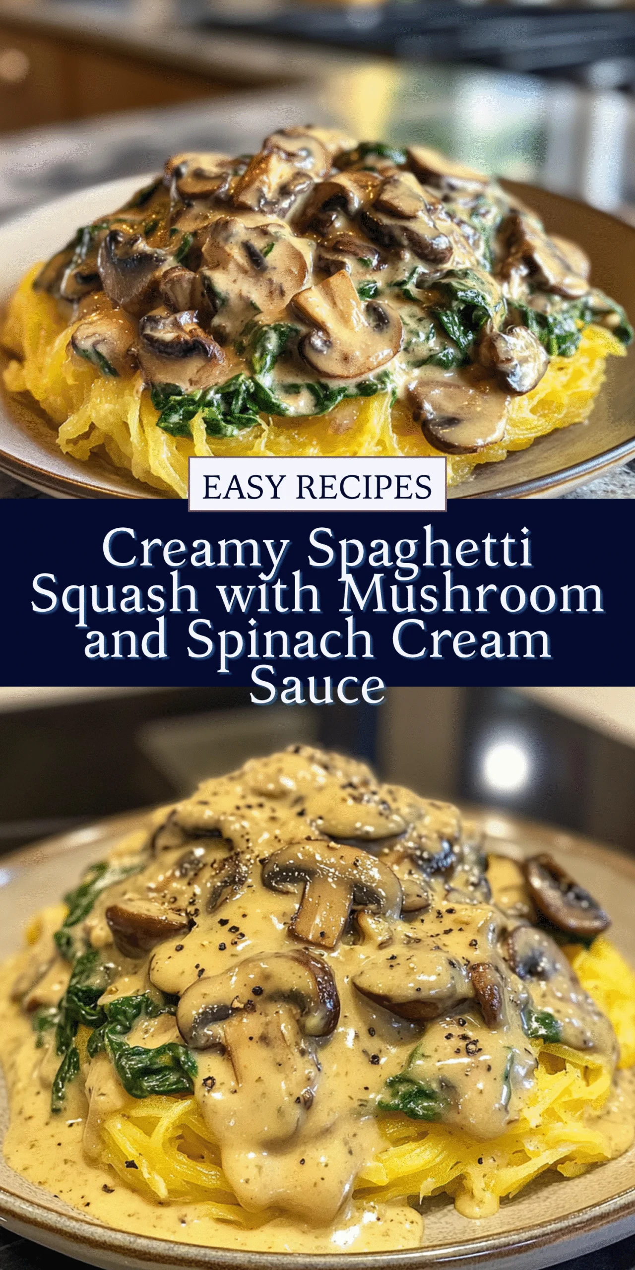 Creamy Spaghetti Squash with Mushroom and Spinach Cream Sauce