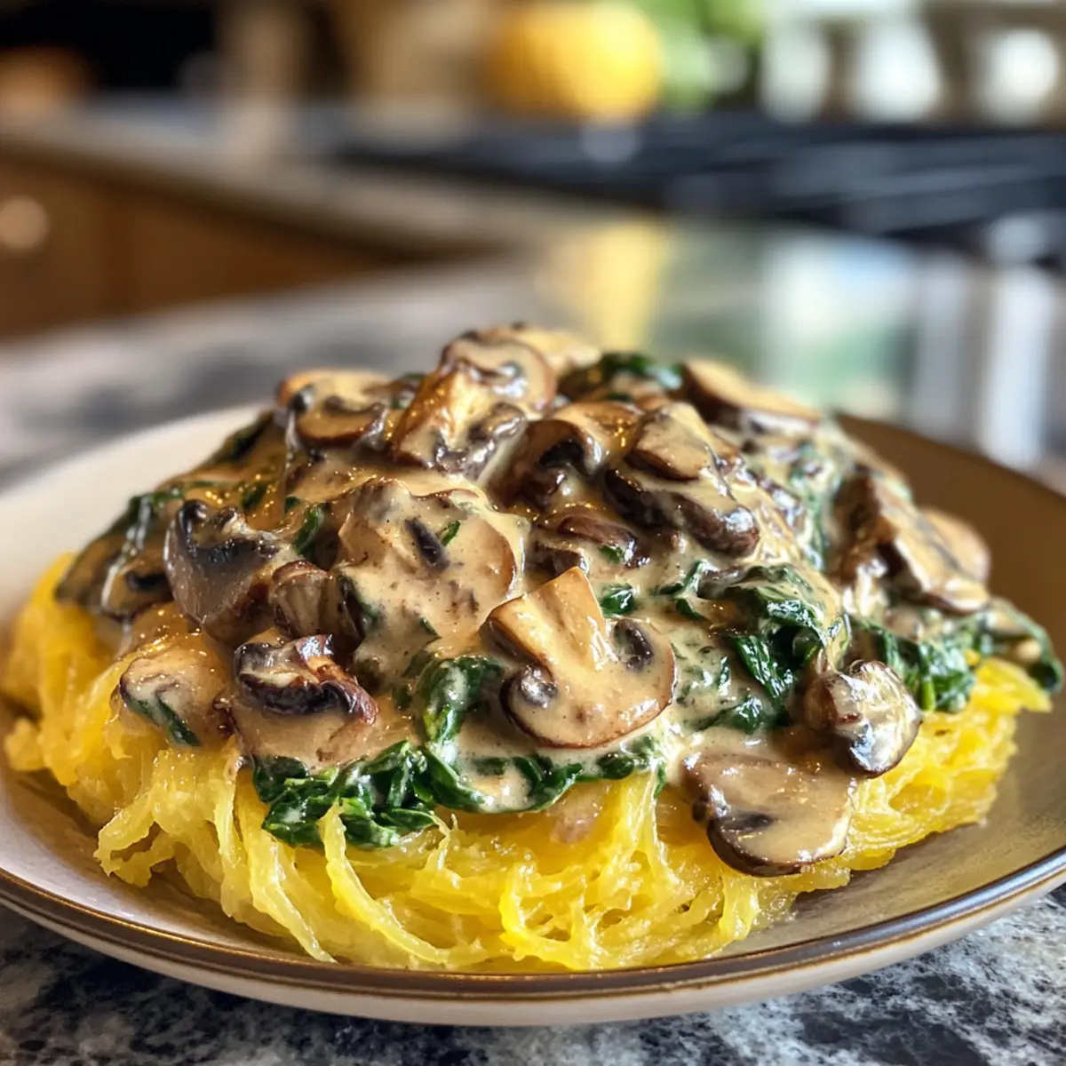 Creamy Spaghetti Squash with Mushroom and Spinach Cream Sauce